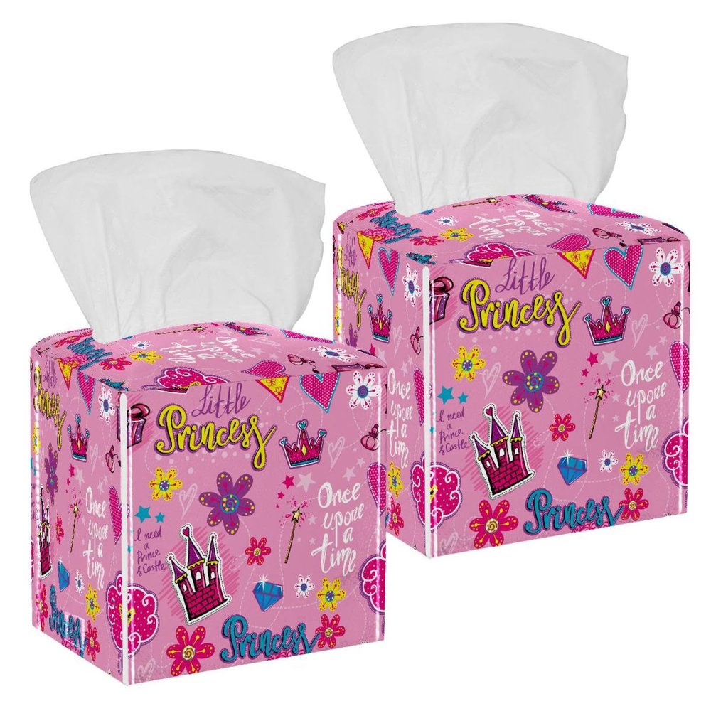 2PCS Square Tissue Box Cover, Pink Princess Crown Leather Tissue Case Facial Paper Organizer Dispenser for Vanity Toilet Tank Dresser Night Stand Table Countertop Office Car