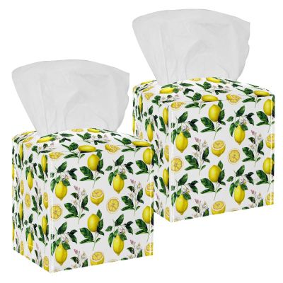 2PCS Square Tissue Box Cover, Lemon Fruits Leather Tissue Case Facial Paper Organizer Dispenser for Vanity Toilet Tank Dresser Night Stand Table Countertop Office Car
