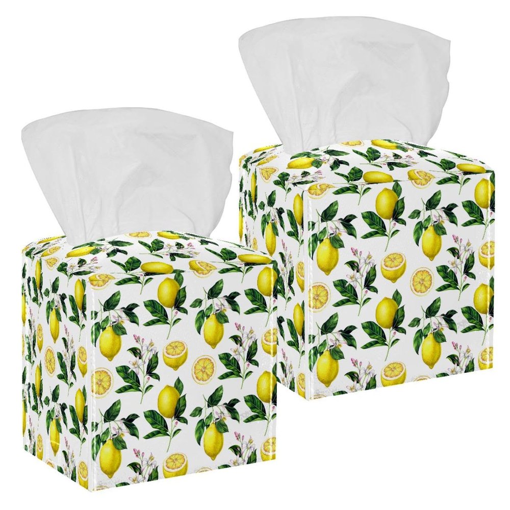 2PCS Square Tissue Box Cover, Lemon Fruits Leather Tissue Case Facial Paper Organizer Dispenser for Vanity Toilet Tank Dresser Night Stand Table Countertop Office Car