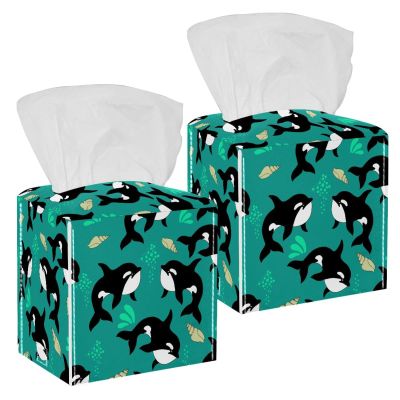 2PCS Square Tissue Box Cover, Whale Animal Leather Tissue Case Facial Paper Organizer Dispenser for Vanity Toilet Tank Dresser Night Stand Table Countertop Office Car
