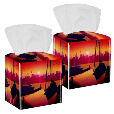 2PCS Square Tissue Box Cover, Shipyard Sunset Leather Tissue Case Facial Paper Organizer Dispenser for Vanity Dresser Night Stand Table Countertop Office Car