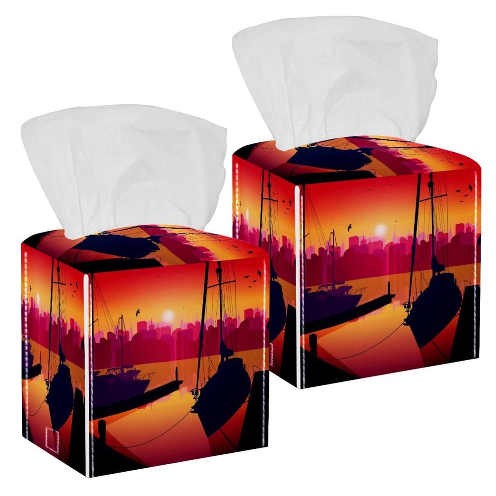 2PCS Square Tissue Box Cover, Shipyard Sunset Leather Tissue Case Facial Paper Organizer Dispenser for Vanity Dresser Night Stand Table Countertop Office Car