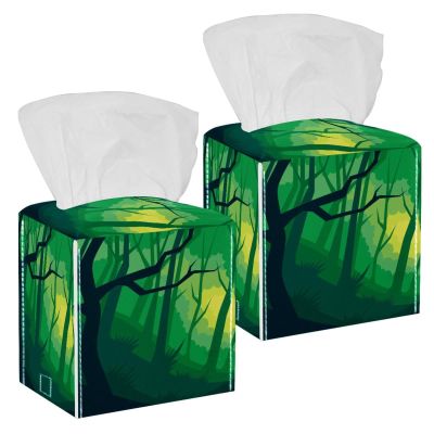 2PCS Square Tissue Box Cover, Abstract Forest Leather Tissue Case Facial Paper Organizer Dispenser for Vanity Toilet Tank Dresser Night Stand Table Countertop Office Car