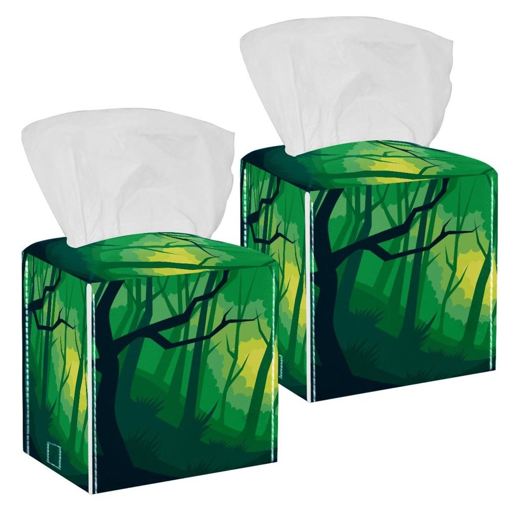 2PCS Square Tissue Box Cover, Abstract Forest Leather Tissue Case Facial Paper Organizer Dispenser for Vanity Toilet Tank Dresser Night Stand Table Countertop Office Car