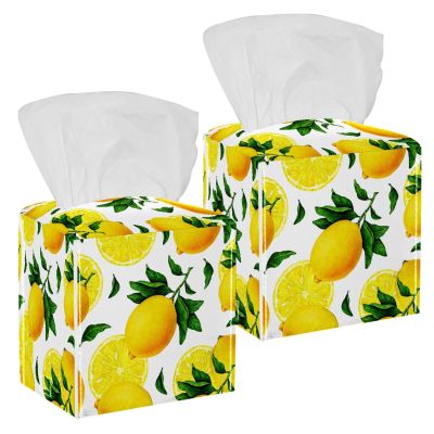 2PCS Square Tissue Box Cover, Lemon Fruit Leather Tissue Case Facial Paper Organizer Dispenser for Vanity Toilet Tank Dresser Night Stand Table Countertop Office Car