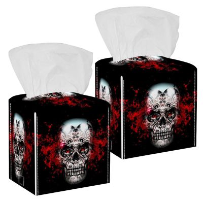 2PCS Square Tissue Box Cover, Novelty Skull Black Leather Tissue Case Facial Paper Organizer Dispenser for Vanity Toilet Tank Dresser Night Stand Table Countertop Office Car