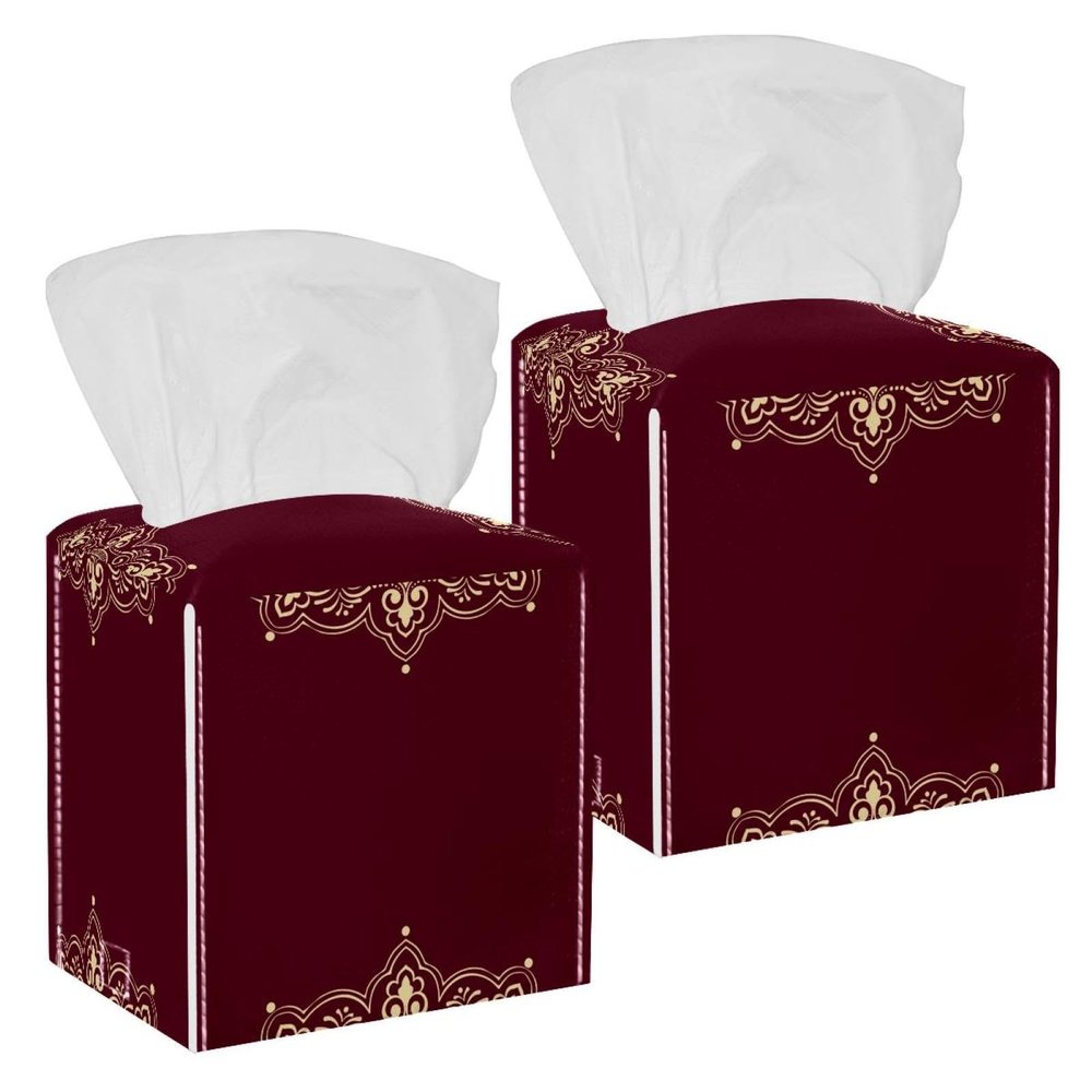 2PCS Square Tissue Box Cover, Arabian Style Arabesque Pattern 2 Leather Tissue Case Facial Paper Organizer Dispenser for Vanity Toilet Tank Dresser Night Stand Table Countertop Office Car