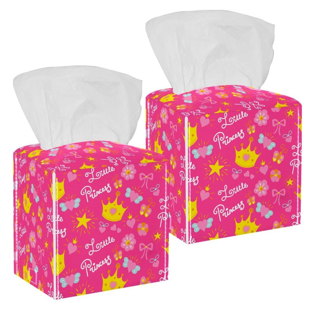 2PCS Square Tissue Box Cover, Pink Princess Crown Pattern Leather Tissue Case Facial Paper Organizer Dispenser for Vanity Toilet Tank Dresser Night Stand Table Countertop Office Car