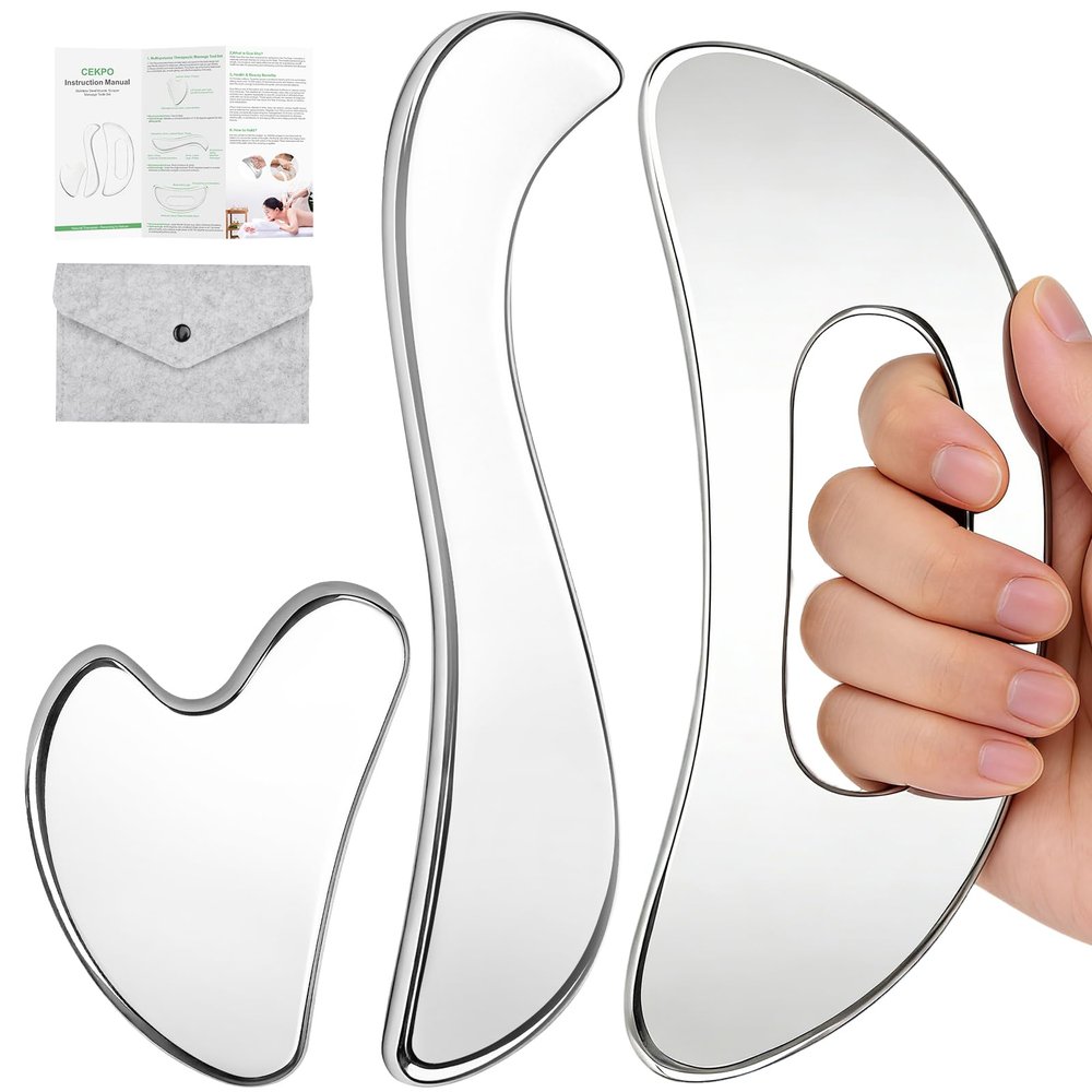 3-in-1 Stainless Steel Gua Sha Massage Tool Set, Muscle Scraper & IASTM Tools for Soft Tissue Mobilization, Myofascial Release, Body Skin Massage, Physical Therapy Sore Muscle Relief with Travel Pouch
