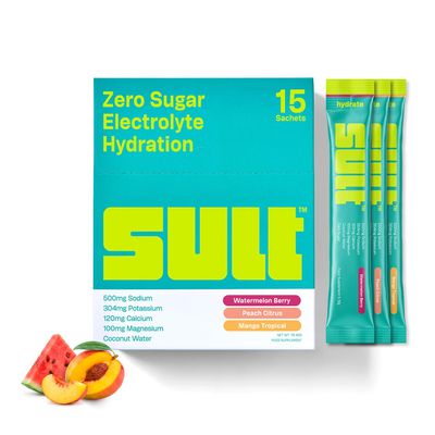 SULT Hydrate Electrolyte Sachets | Variety Pack | Zero Sugar | 6 Electrolytes | 500mg Sodium | Coconut Water | 15 Sachets | Watermelon Berry, Peach Citrus & Mango Tropical | Made in UK