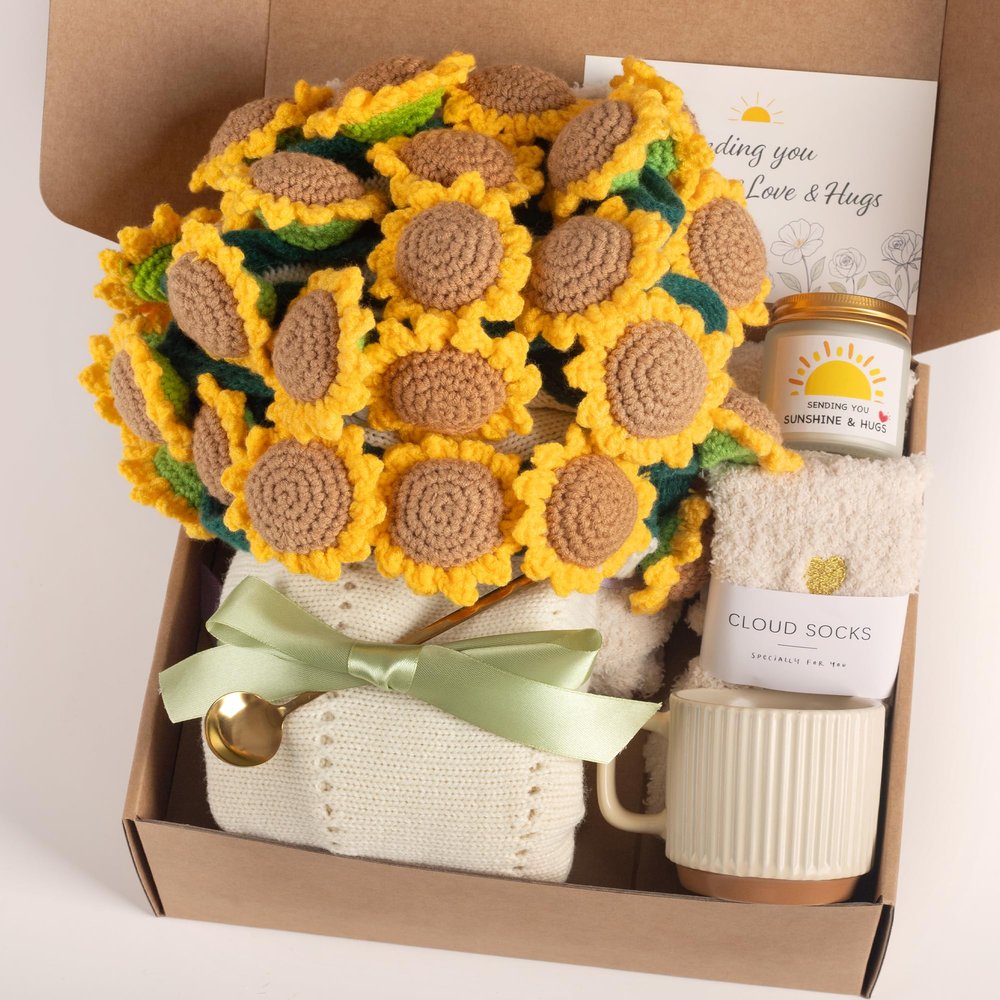 Get Well Gifts for Women, Sunflower Flower Bouquet Blanket Gift Basket, Encouraging Care Package for Her, Thank You & Thinking of You Gifts, Cozy Throw with Mug Candle Socks (Sunflower Bloom)