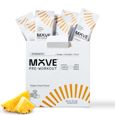 MOVE Pre Workout Sachets Powder Strength Formula for Men & Women -Energy Drink Powder Without Beta Alanine -15 Servings Preworkout with L-Arginine Informed Sport Certified Tropical Fruit Punch