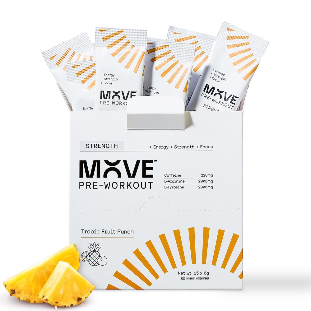 MOVE Pre Workout Sachets Powder Strength Formula for Men & Women -Energy Drink Powder Without Beta Alanine -15 Servings Preworkout with L-Arginine Informed Sport Certified Tropical Fruit Punch