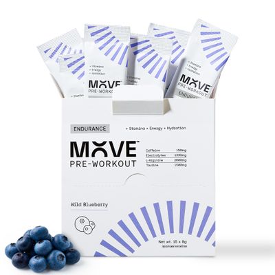 MOVE Pre Workout Powder - Hydration & Endurance Formula for Men & Women Preworkout Sachets Electrolytes Powder with Caffeine, Vitamin C & L-Arginine Informed Sport Certified 15 Servings Wild Blueberry