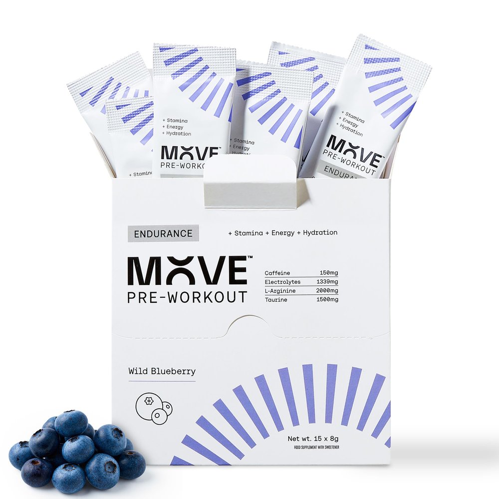 MOVE Pre Workout Powder - Hydration & Endurance Formula for Men & Women Preworkout Sachets Electrolytes Powder with Caffeine, Vitamin C & L-Arginine Informed Sport Certified 15 Servings Wild Blueberry