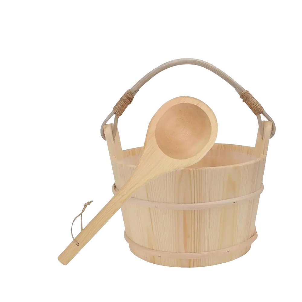 budiniao Handmade Sauna Bucket and Ladle Set Durable Wood Large Capacity Comfortable Sauna Accessories with Wooden Spoon Bucket and Ladle Set Handmade Bathroom