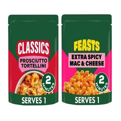 Feasts Spicy Mac & Cheese Pasta Ready Meal 250g & Classics Prosciutto Tortellini Pasta Ready Meal 250g, Vegetarian,Free From Artificial Colours,Flavours, Preservatives,2 Flavours,Pack Of 2