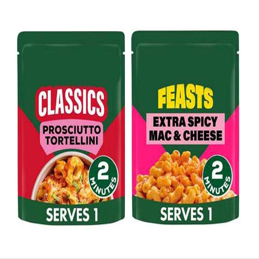 Feasts Spicy Mac & Cheese Pasta Ready Meal 250g & Classics Prosciutto Tortellini Pasta Ready Meal 250g, Vegetarian,Free From Artificial Colours,Flavours, Preservatives,2 Flavours,Pack Of 2