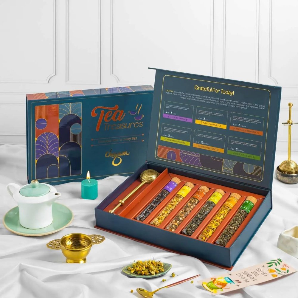 Tea Treasure Loose Leaf Tea Gift Set 6 Premium Herbal & Green Tea Tubes with Brass Infuser | Lavender, Chamomile, Turmeric, Cinnamon, Mint & Himalayan Green | Luxury Wellness Sampler