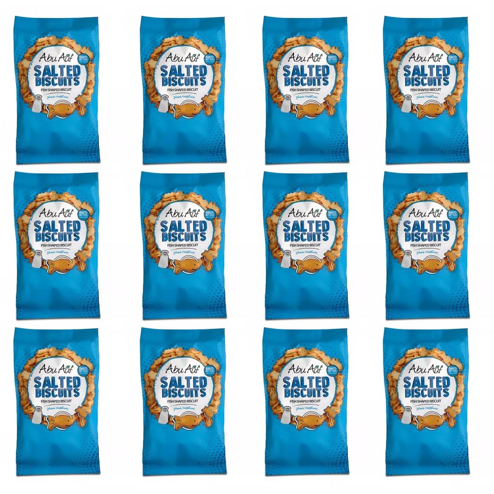 Abu Auf Fish Shaped Salted Biscuits - Baked Savoury Snack Biscuits, Lightly Salted Crunchy Treats for Kids and Family Snacking - 80g Each Pack, Box of 12