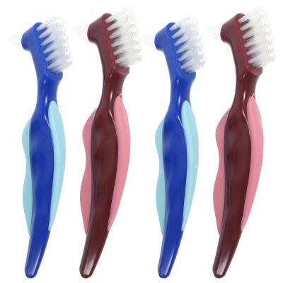 SHOWERORO 4Pcs Denture Cleaning Brushes for Elderly, Double-Sided Small Toothbrushes for Denture Care, Portable Travel Size Toothbrushes with Red and Blue Handles