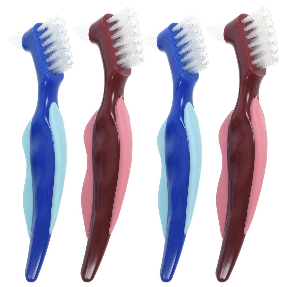 SHOWERORO 4Pcs Denture Cleaning Brushes for Elderly, Double-Sided Small Toothbrushes for Denture Care, Portable Travel Size Toothbrushes with Red and Blue Handles