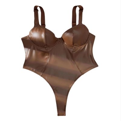 Acrawnni Womens Sexy Leather Bodysuit Wet Look One Piece Lingerie Teddy Outfit Nightgown Babydoll Bodysuit Shapewear (A-Brown, M)