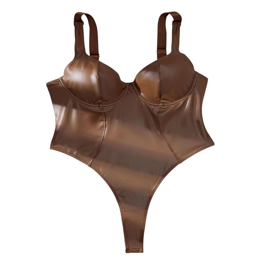 Acrawnni Womens Sexy Leather Bodysuit Wet Look One Piece Lingerie Teddy Outfit Nightgown Babydoll Bodysuit Shapewear (A-Brown, M)