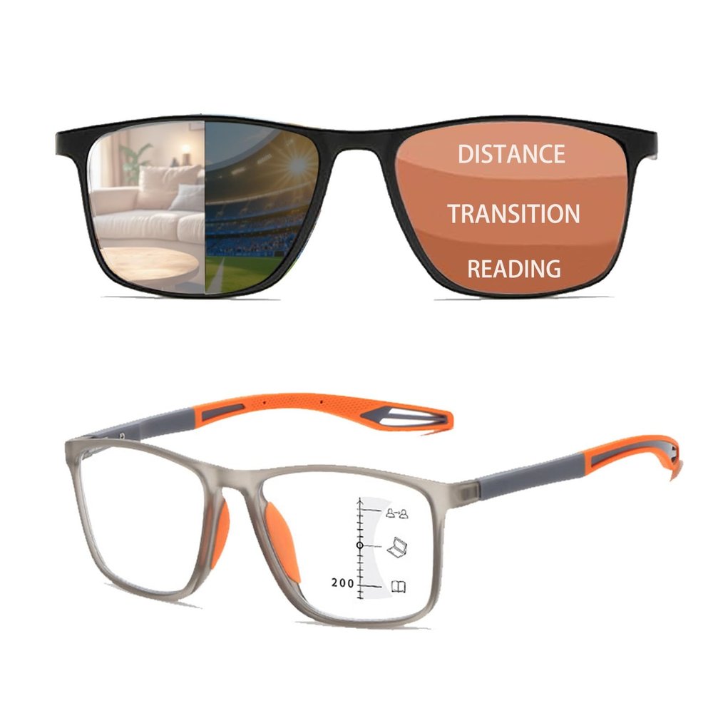 TR90 Sports Reading Glasses For Men And Women, Progressive Multifocus Photochromic Reading Glasses, Blue Light Blocking, UV Protection(Grey/Orange,1.5x)