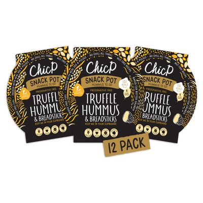 ChicP Truffle Hummus To Go Snack Pots with Breadsticks (12 Multipack), Fridge-Free, Naturally High in Fibre and Protein, Vegan Cupboard Snack For Lunchbox & On The Go, Nut-free, UK Made
