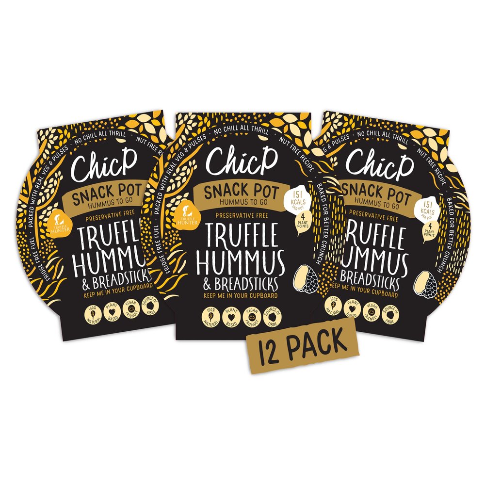 ChicP Truffle Hummus To Go Snack Pots with Breadsticks (12 Multipack), Fridge-Free, Naturally High in Fibre and Protein, Vegan Cupboard Snack For Lunchbox & On The Go, Nut-free, UK Made
