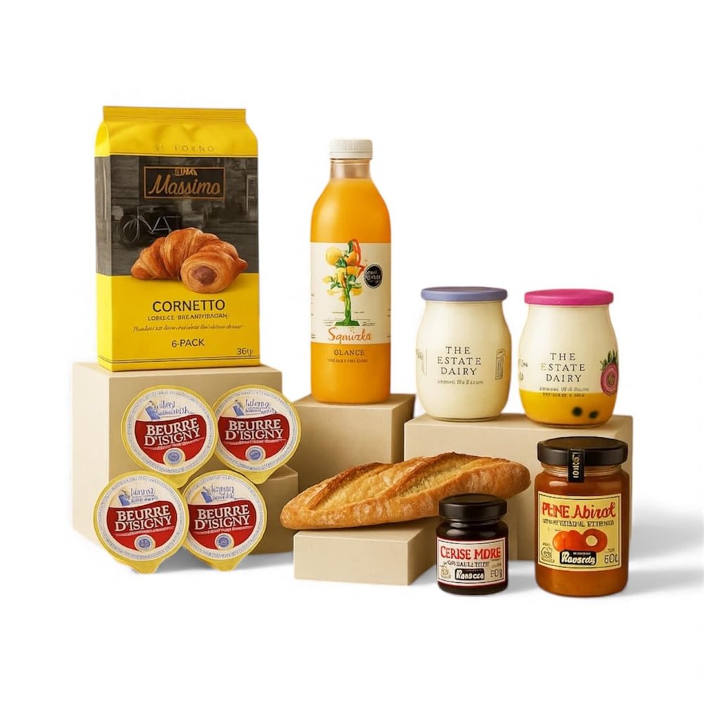 Sweet Morning Dolce Mattina Breakfast Hamper Luxury Breakfast Gift with Chocolate Croissants, Baguette, Artisan Yoghurts, Unsalted Butter, Fresh Orange Juice & Premium Preserves UK