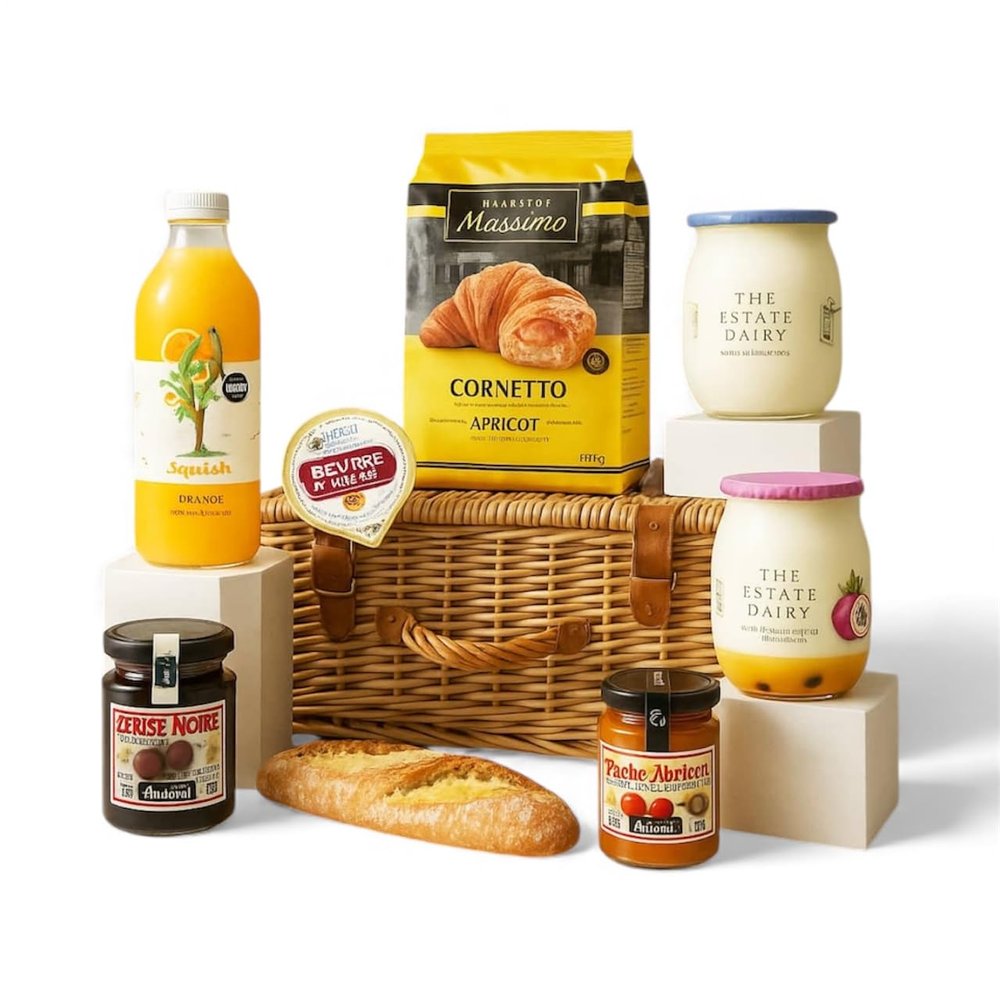 Breakfast la Maison Hamper luxury French-style breakfast hamper with apricot croissants, baguette, artisan yoghurts, unsalted butter, fresh orange juice & confitures gourmet breakfast gift UK