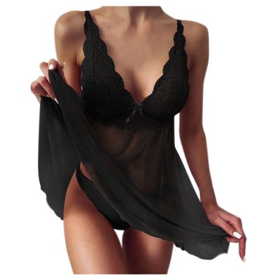 Sexy Lingerie for Women Sets Deep V Neck Lace Trim Babydolls Soft See Through Mesh Lace Mini Dress Naughty Plunge Embroider Floral Slip Dresses Black