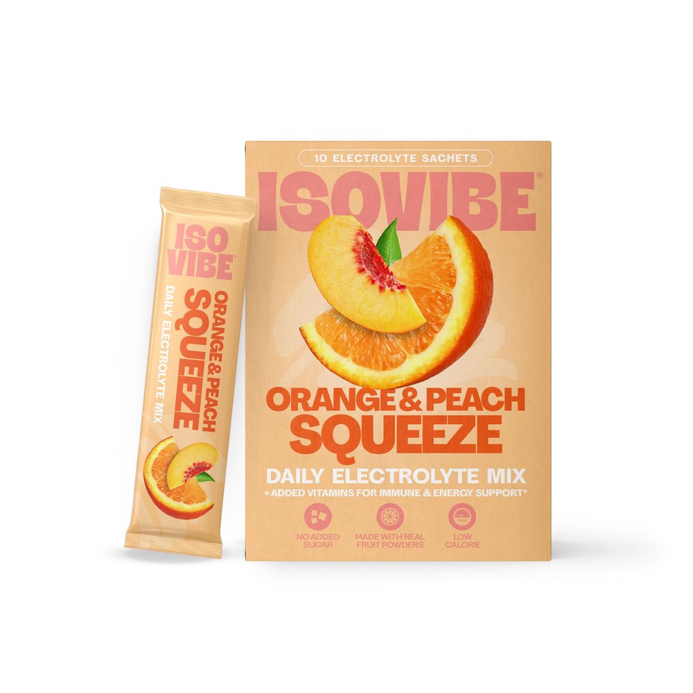 ISOVIBE Electrolyte Sachets Orange & Peach Squeeze - Hydration Powder with Vitamin C, B6 & B12 | No Added Sugar, Immune Support, Energy Boost | 30 Single-Serve Sachets for Daily, Workout & Travel