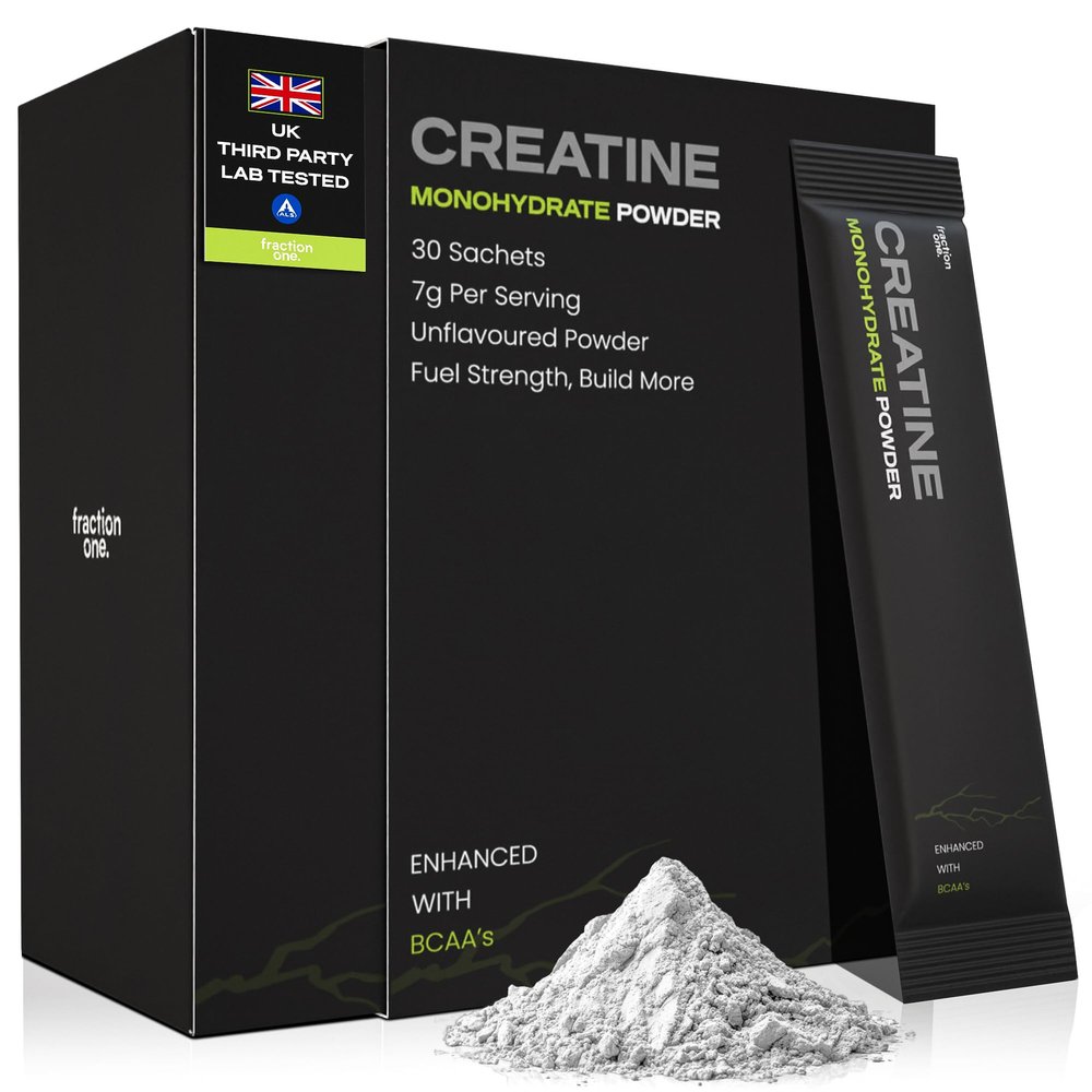 Fraction One Creatine Monohydrate Sachets - Lab Verified, UK 3rd Party Tested, 7g advanced formula, 5g micronised Creatine With 2g BCAAs per Serving, Unflavoured Powder for performance, 30 days supply