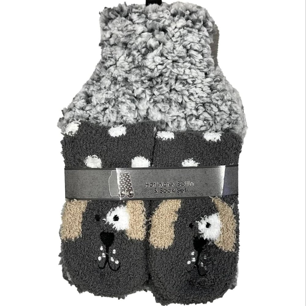 1L Hot Water Bottle with Plush Cover & Matching Fleece Socks Cosy Winter Gift Set (Dog)