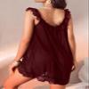 Foxiny Sexy Bows Split Side Ruffle Lace Mesh Sheer Babydoll Lingerie Dress Nightgown Set with Thong 2 Piece, Burgundy Red, XXL view 2