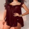 Foxiny Sexy Bows Split Side Ruffle Lace Mesh Sheer Babydoll Lingerie Dress Nightgown Set with Thong 2 Piece, Burgundy Red, XXL view 3