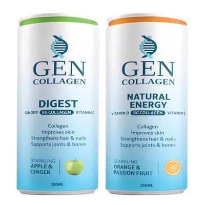 Orange & Passion Fruit Sparkling Drink and 6 x Apple & Ginger. Marine Collagen Peptides 8g, with Vitamin C & D3, No Added Sugar, (12 x 250ml)