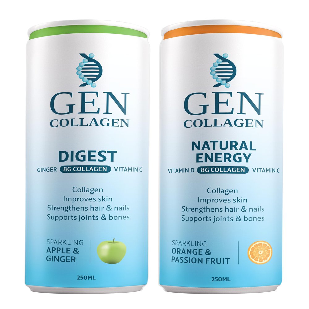 Orange & Passion Fruit Sparkling Drink and 6 x Apple & Ginger. Marine Collagen Peptides 8g, with Vitamin C & D3, No Added Sugar, (12 x 250ml)