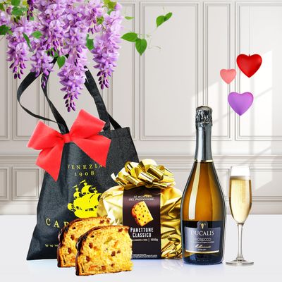 Caravella Fine Food Italian Panettone Classico & Prosecco DOC Extra Dry Millesimato Gift Luxury Italian Food & Wine Hamper for Christmas Birthday Anniversary Family Corporate Gifting