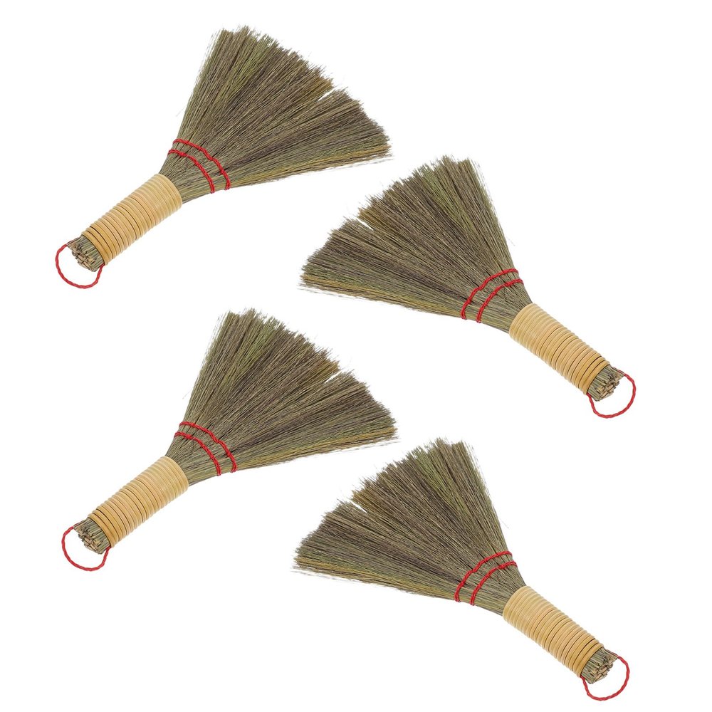 Abaodam 4pcs Mini Broom Desk Brush for Tabletop Cleaning Traditional Straw Handheld Broom Dust Removal Function for Halloween Wedding Party Bed Office Table