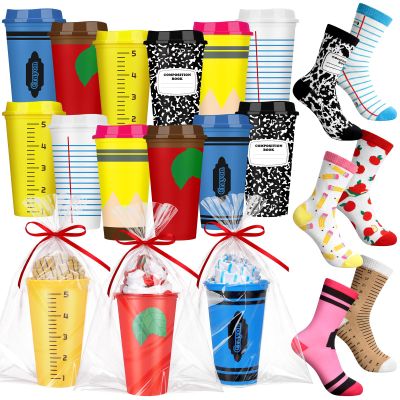 Yungyan 12 Set Teacher Appreciation Gifts Bulk oz Teacher Reusable Plastic Coffee Cup and Novelty Teachers Socks Thank You Gifts for Teachers Employee Team Coworker Staff Office Supplies(16 oz)