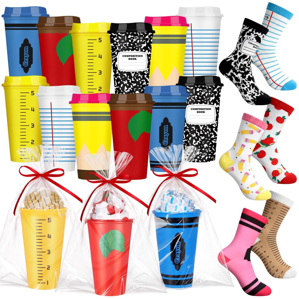 Yungyan 12 Set Teacher Appreciation Gifts Bulk oz Teacher Reusable Plastic Coffee Cup and Novelty Teachers Socks Thank You Gifts for Teachers Employee Team Coworker Staff Office Supplies(16 oz)