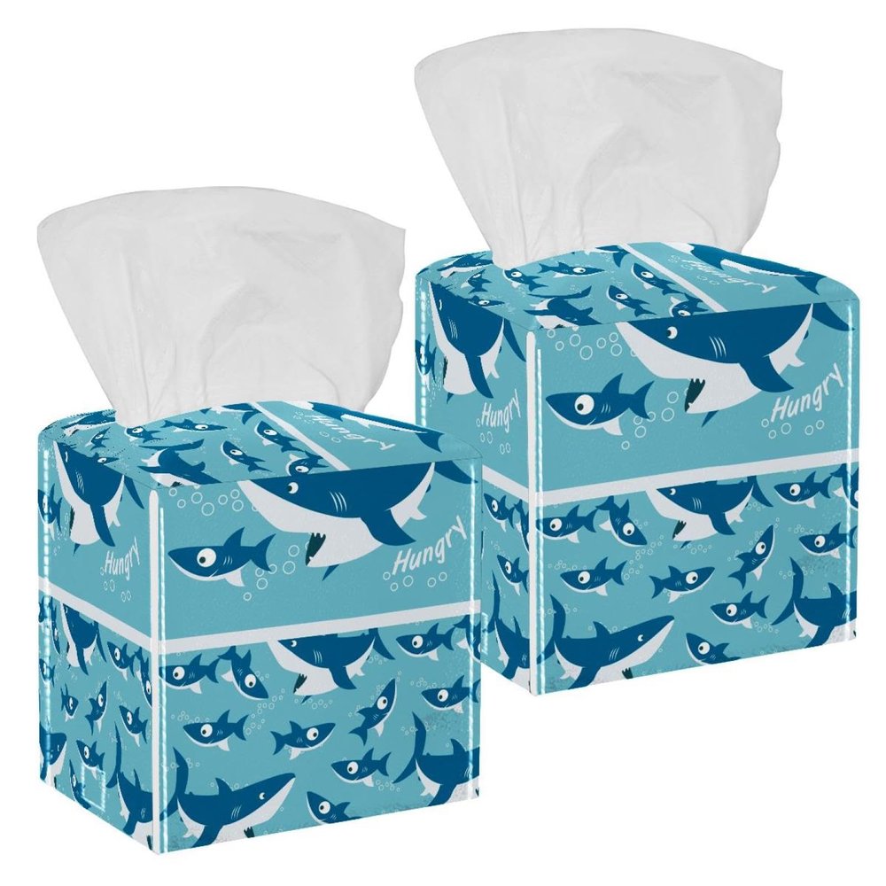 2PCS Square Tissue Box Cover, Swimming Shark Hungry Leather Tissue Case Facial Paper Organizer Dispenser for Vanity Toilet Tank Dresser Night Stand Table Countertop Office Car