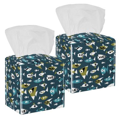 2PCS Square Tissue Box Cover, Cute Fish Shark Pattern Leather Tissue Case Facial Paper Organizer Dispenser for Vanity Toilet Tank Dresser Night Stand Table Countertop Office Car