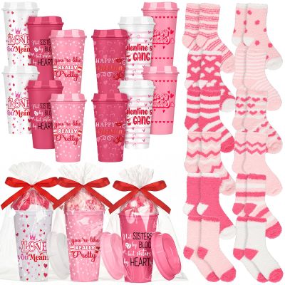 Ramede 12set Valentine's Day Gifts Bulk Funny Coffee Cup Pink Fuzzy Socks Galentine Party Favors for Valentine's Day Reusable Coffee Cup 16 oz DIY Thank You Gift for Teacher Women(Classic,Light)