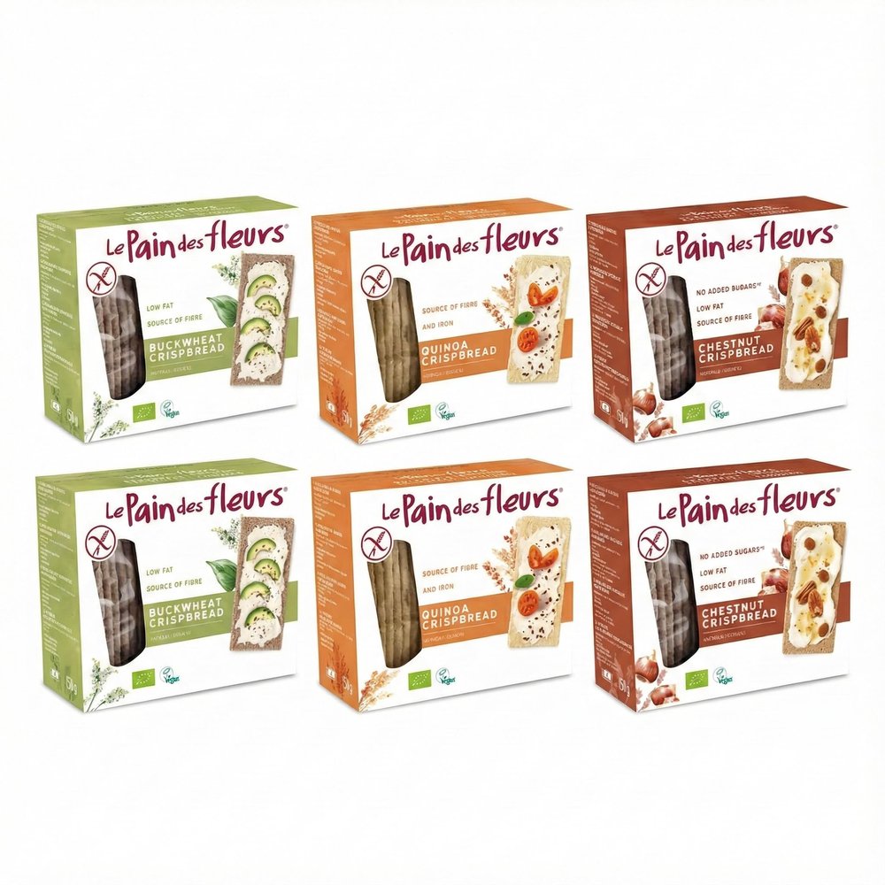 Le Pain des Fleurs 6 x 150g Organic Crispbread Variety - Buckwheat, Chestnut, Quinoa - Organic, Gluten-Free & Vegan, 2 Each - Healthy High-Fibre, Plant-Based Snacks