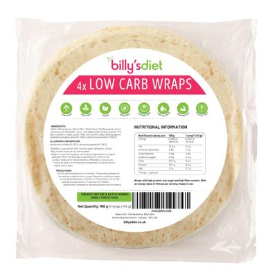 Billy's Diet | 2x4x40g Low Carb Wraps | 4.4g of Carbs, 123 Calories, 8.8g of Protein, Vegan, High Fibre and Keto Wraps, High Protein Bread and Keto Snacks, Palm Oil Free